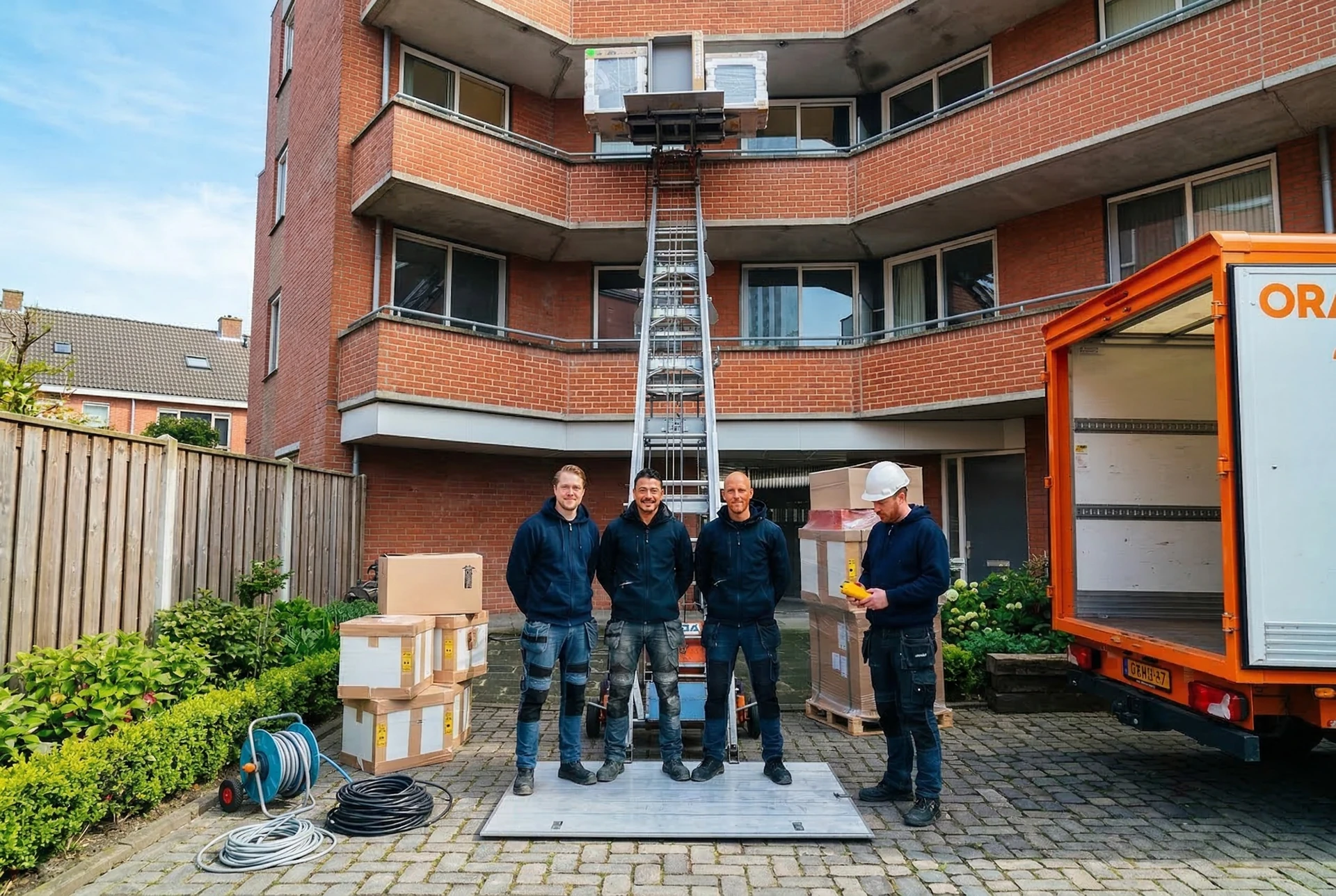 Verhuisteam aan het werk met gedalift bij appartement in Amsterdam