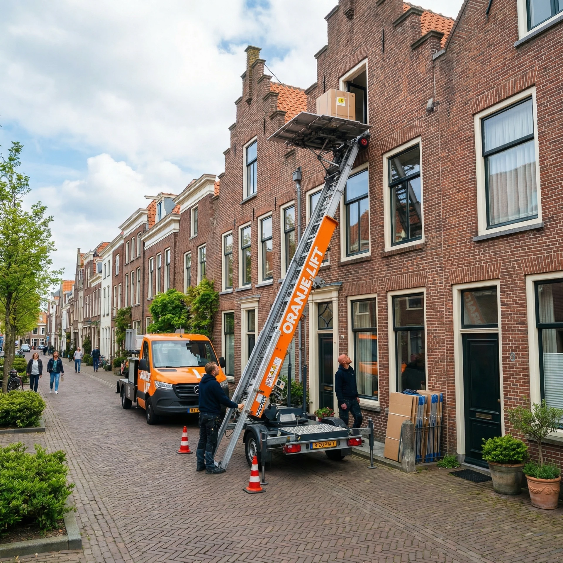 Aanhangerlift in gebruik bij woning in Amsterdam